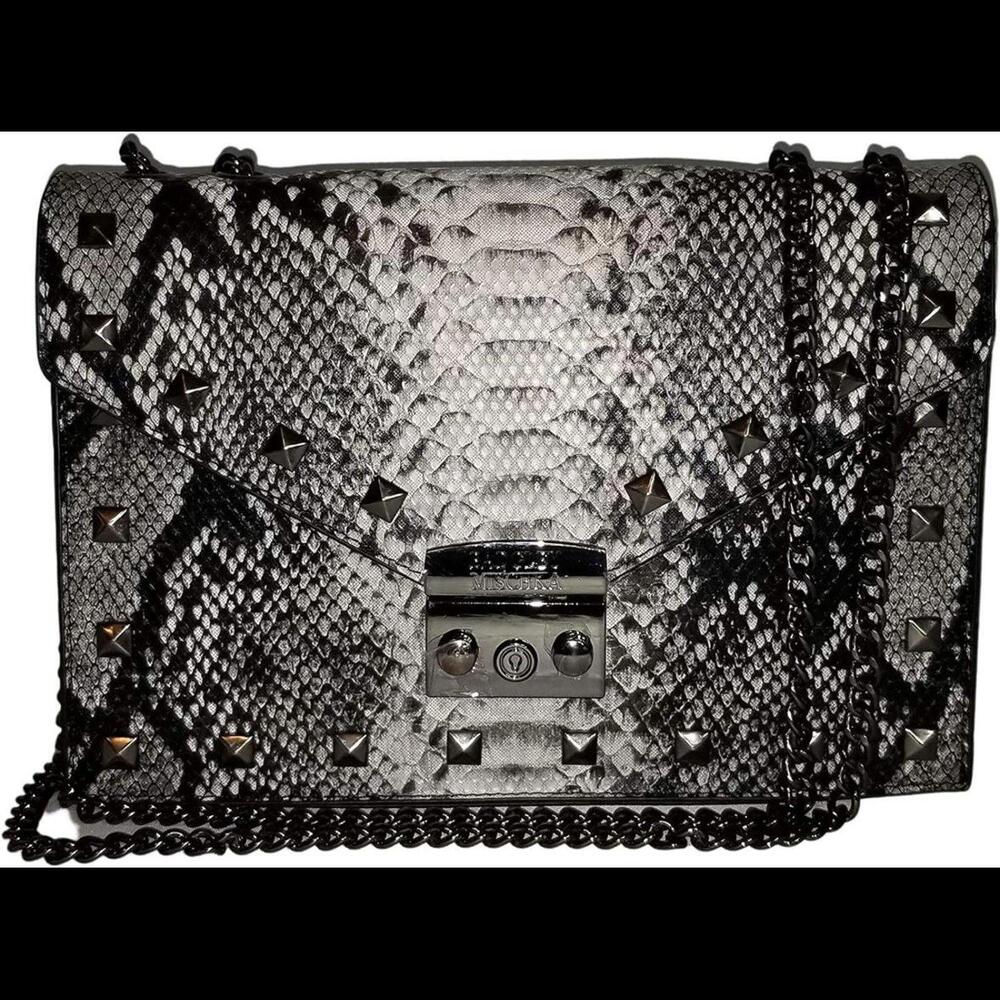 Badgley Mischka Snake Print Grey Black Vegan Leather Cross Body Bag Purse